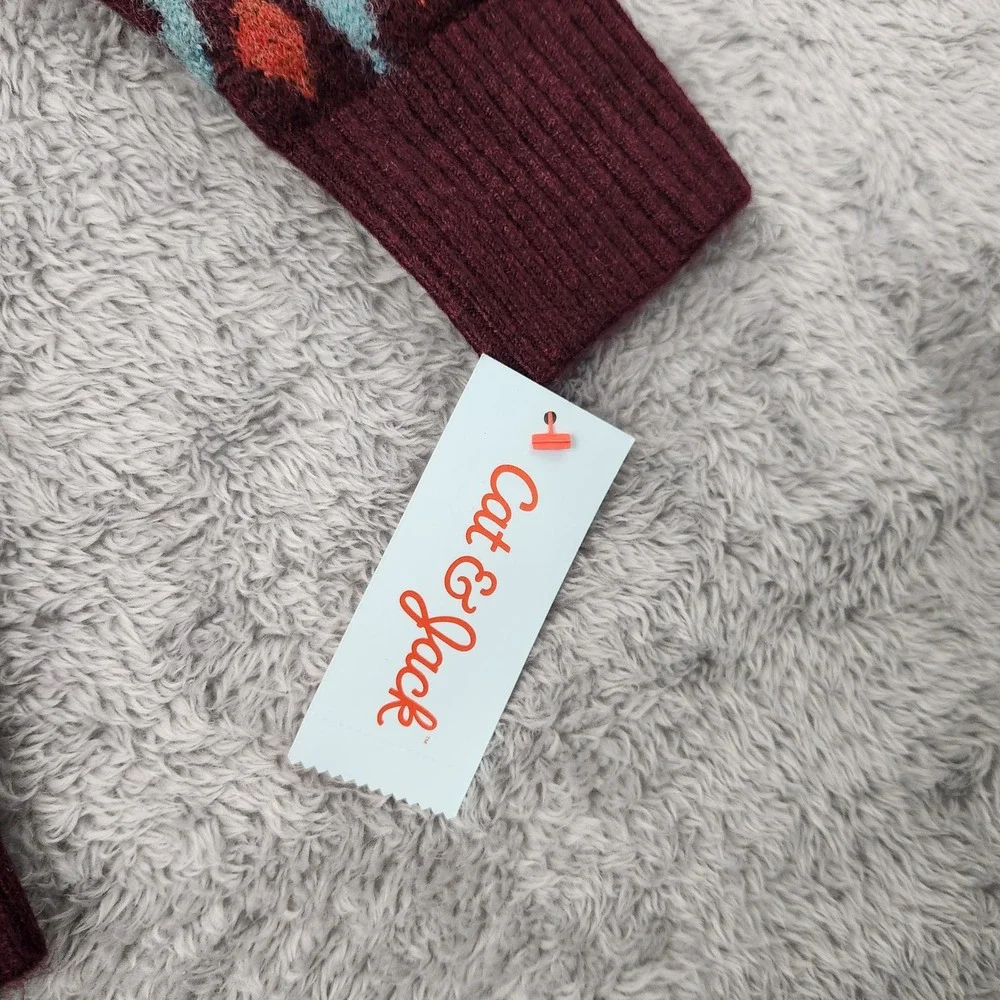 Cat & Jack Sweater Kids M 8/10 Burgundy Full Zip Hooded Fair Isle Geometric Knit
